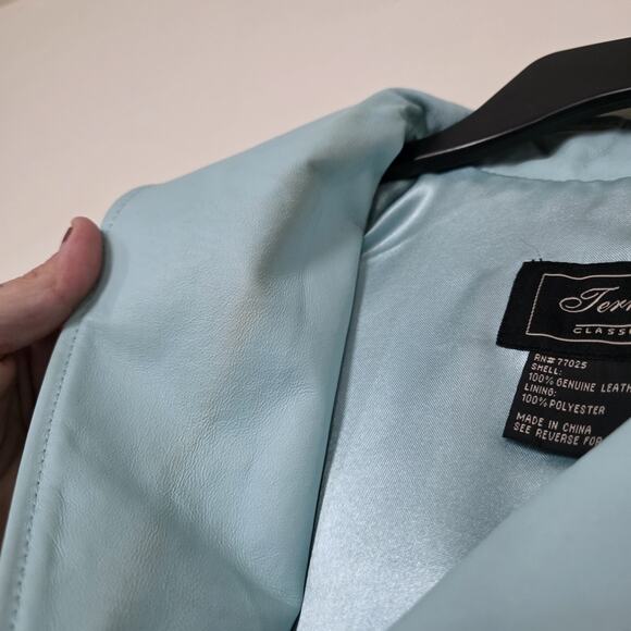 Vintage Baby Blue Leather Jacket Womens L Button Up Moto Y2K 90s Lined Pastel - Picture 8 of 11